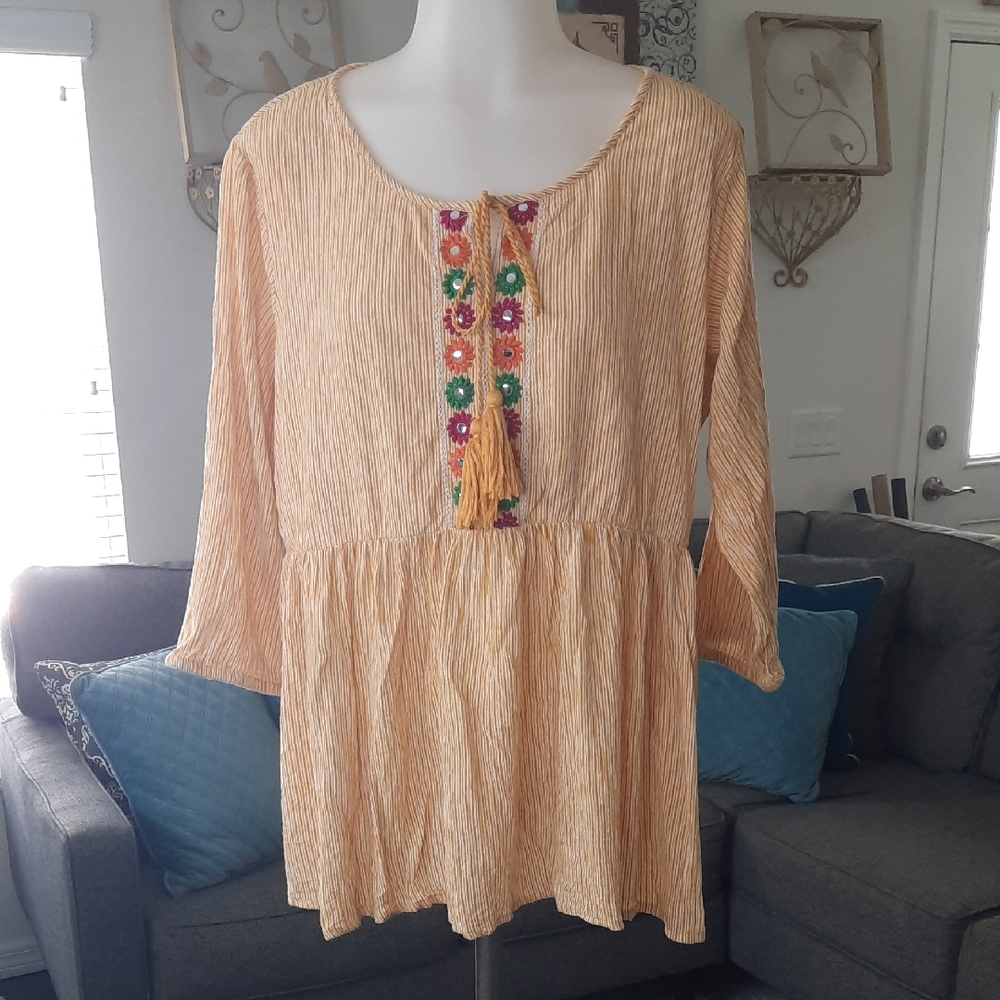 Embroidered Peasant Blouse - LT MUSTARD Yellow TONE